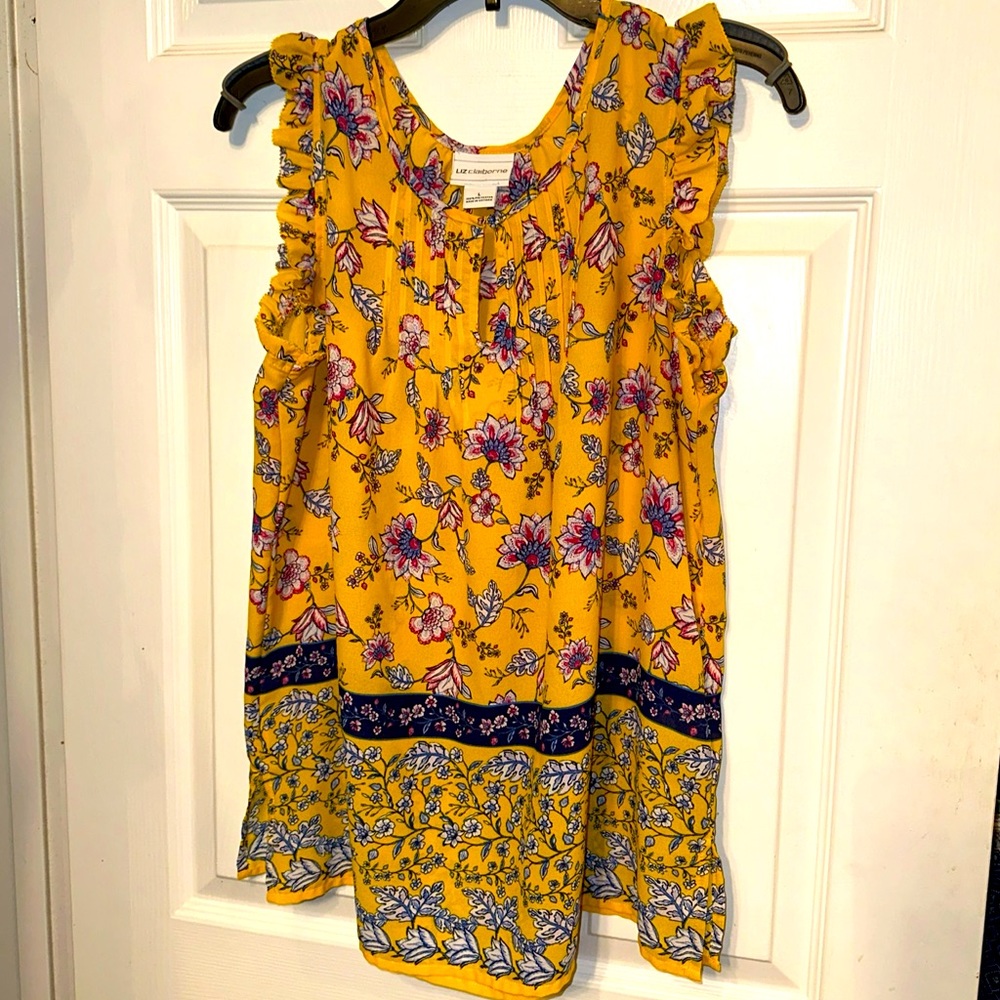 Liz Claiborne Large Womens Yellow Floral Pattern Pleated CareerTank Top Blouse